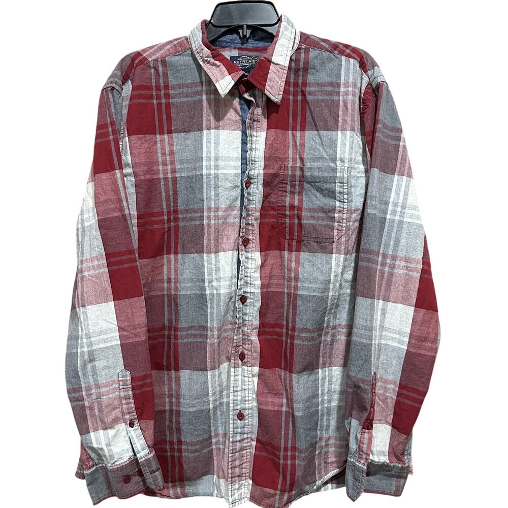 Retreat Shirt Men XL Red Gray Plaid Long Sleeve Button Up 100% Cotton Casual